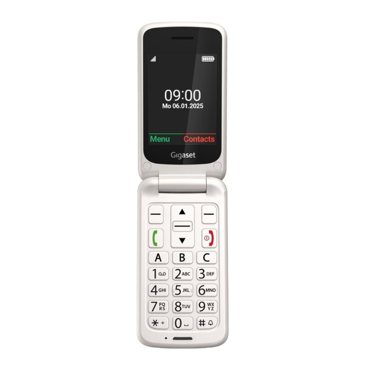 Telemóvel sênior Gigaset GL595 branco, com concha e teclado.