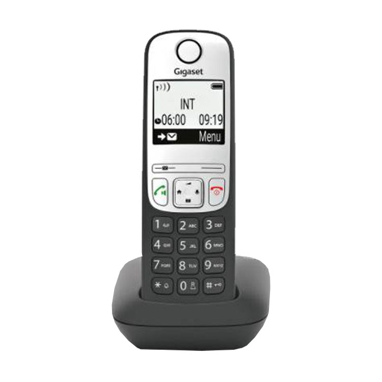 Telefone fixo Siemens Gigaset A690 preto com ecrã e teclado.