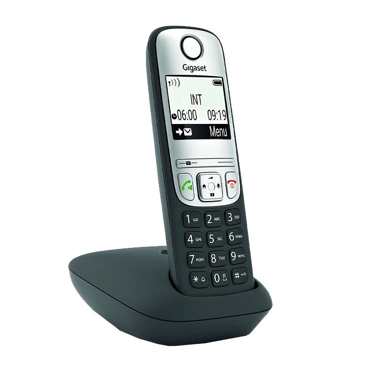 Telefone fixo Siemens Gigaset A690 preto com ecrã e teclado.