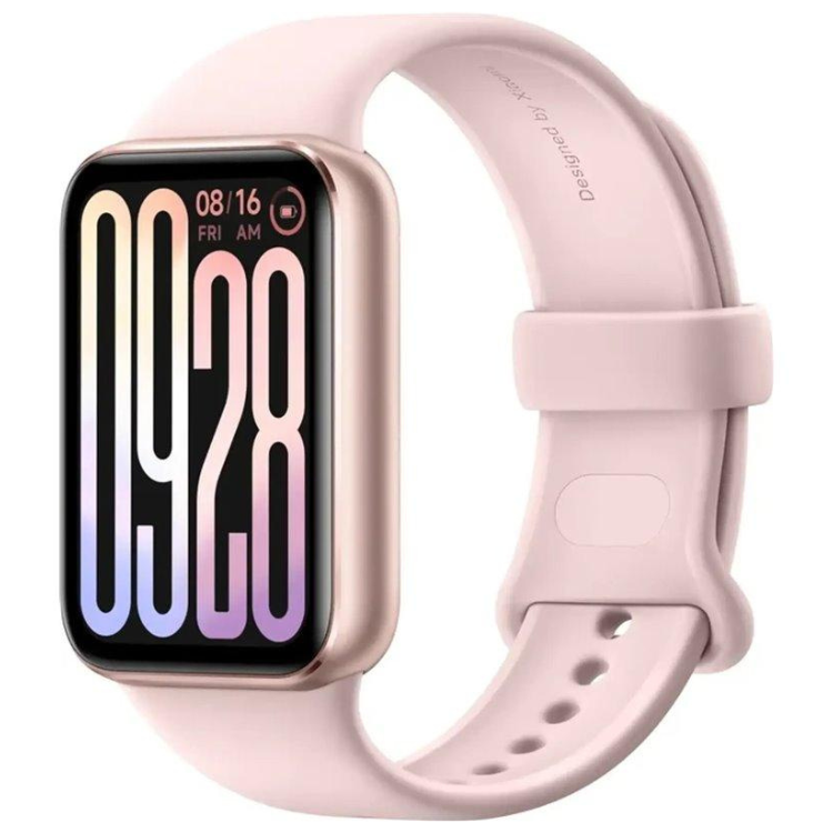Smartband Xiaomi Smart Band 9 Pro rosa com pulseira de silicone e ecrã digital.