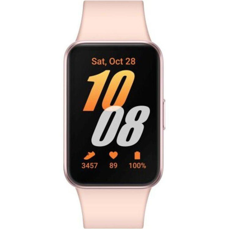 Smartband Samsung Galaxy Fit 3, 40mm, cor dourada, com pulseira rosa, mostrando data e informações de atividade no ecrã.