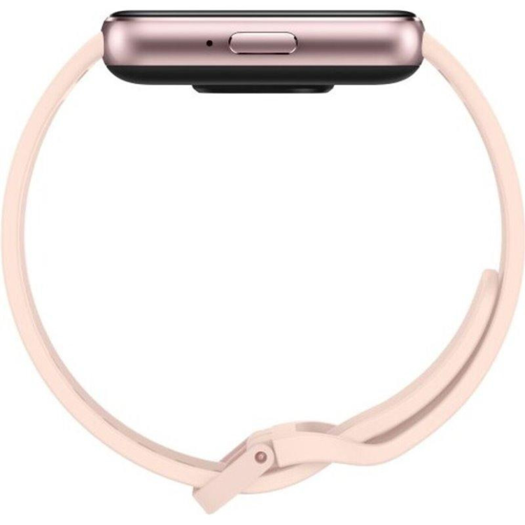 Smartband Samsung Galaxy Fit 3, pulseira rosa claro, mostrador dourado.
