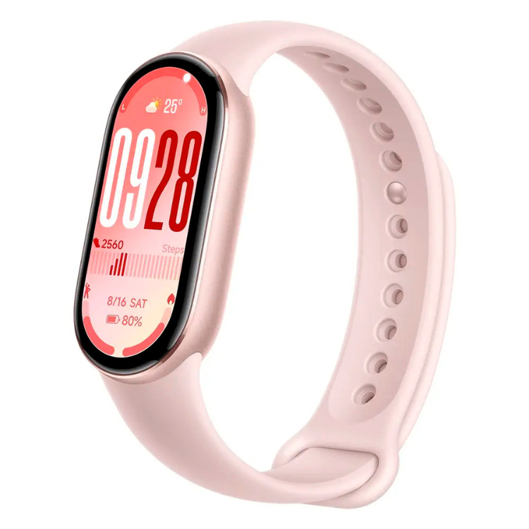 Smartband Xiaomi Smart Band 10 rosa com pulseira de silicone e ecrã digital mostrando data, hora e dados de atividade física.