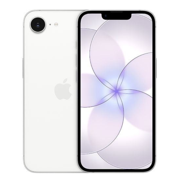 iPhone 17e branco, 256GB, ecrã com wallpaper de círculos sobrepostos e câmera dupla na parte de trás.