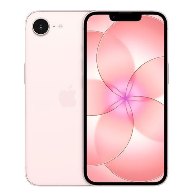 iPhone 17e rosa, 256GB, ecrã ligado com wallpaper rosa e telemóvel ao lado com a parte de trás visível.