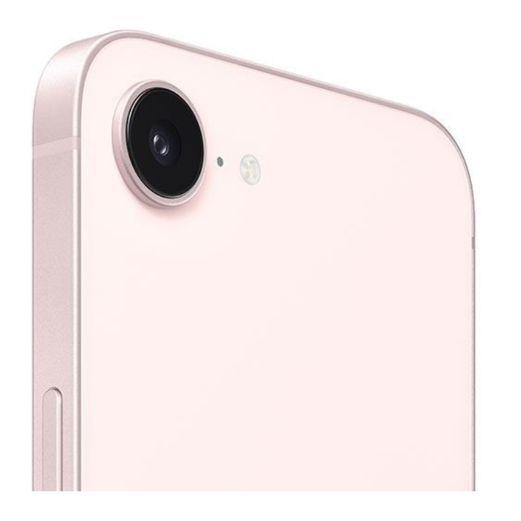 iPhone 17e rosa, parte traseira com câmera e flash.