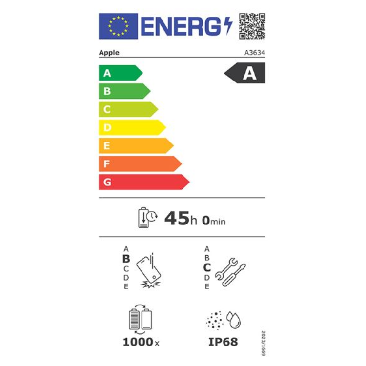 Etiqueta energética do iPhone, classificação A, bateria 45h, resistência IP68.