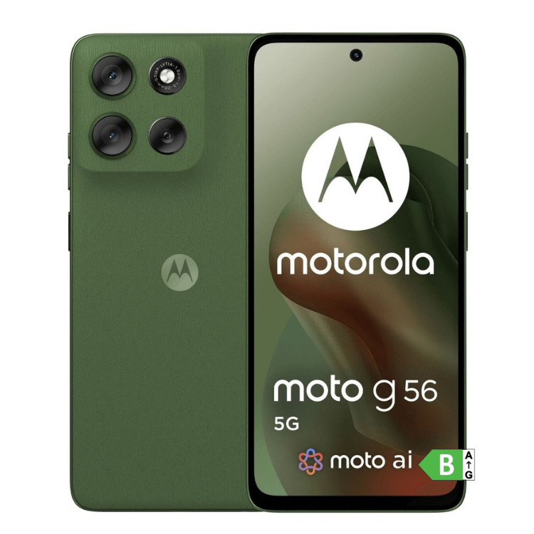 Smartphone Motorola Moto G56 5G, verde,  com quatro câmeras e ecrã ligado com logótipo da Motorola.