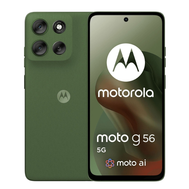 Smartphone Motorola Moto G56 5G, verde,  câmaras triplas e ecrã com logotipo da marca.