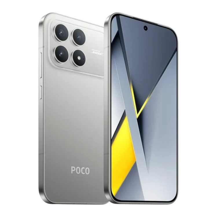 Smartphone POCO F8 Pro 5G prata, com quatro câmeras na parte traseira e ecrã colorido ligado.