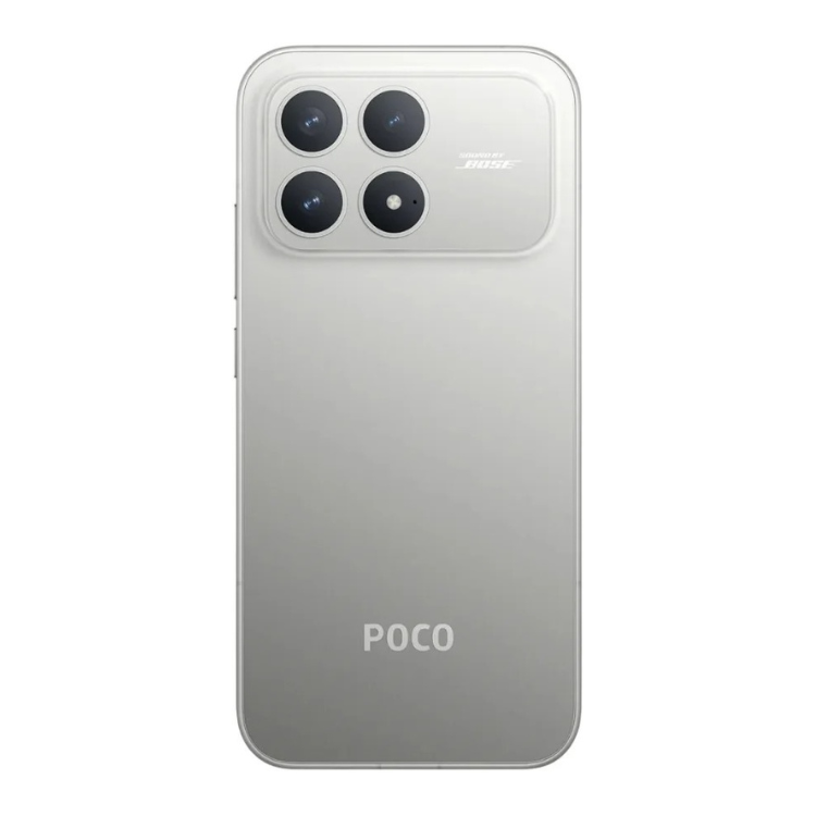 Smartphone POCO F8 Pro 5G prata, quatro câmeras e logótipo POCO na parte traseira.