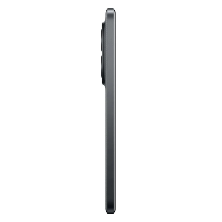 Poco M8 5G preto, lado direito com câmara e botões.