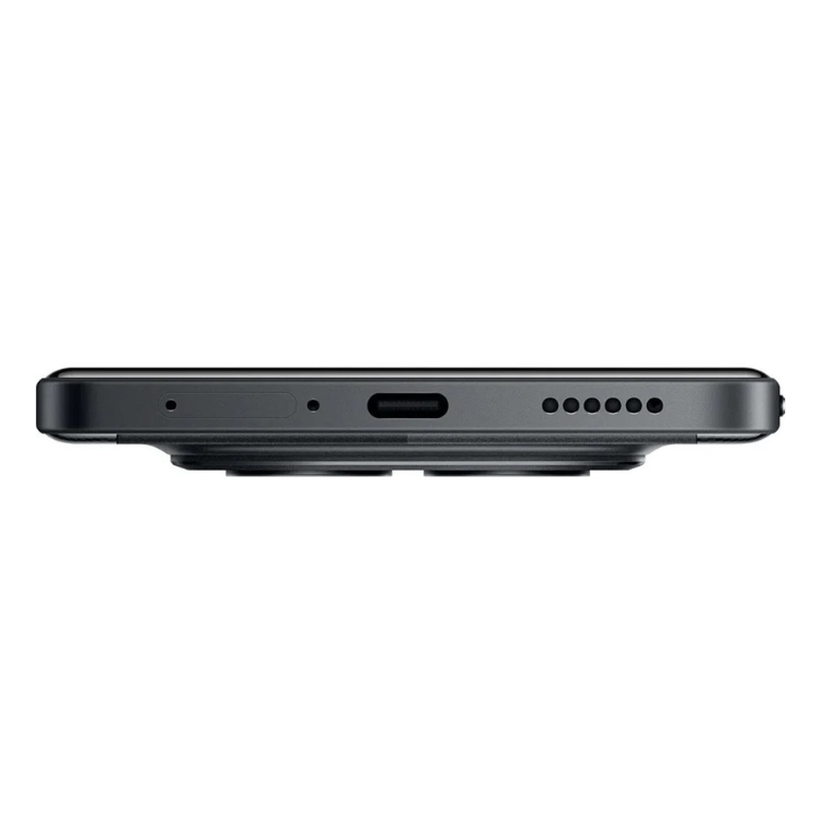 Poco M8 5G preto, vista lateral com várias entradas e furos para altifalantes e microfone.