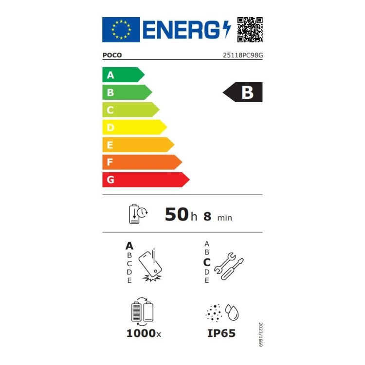 Etiqueta energética do smartphone POCO M8 5G, eficiência B, bateria 50h 8min.