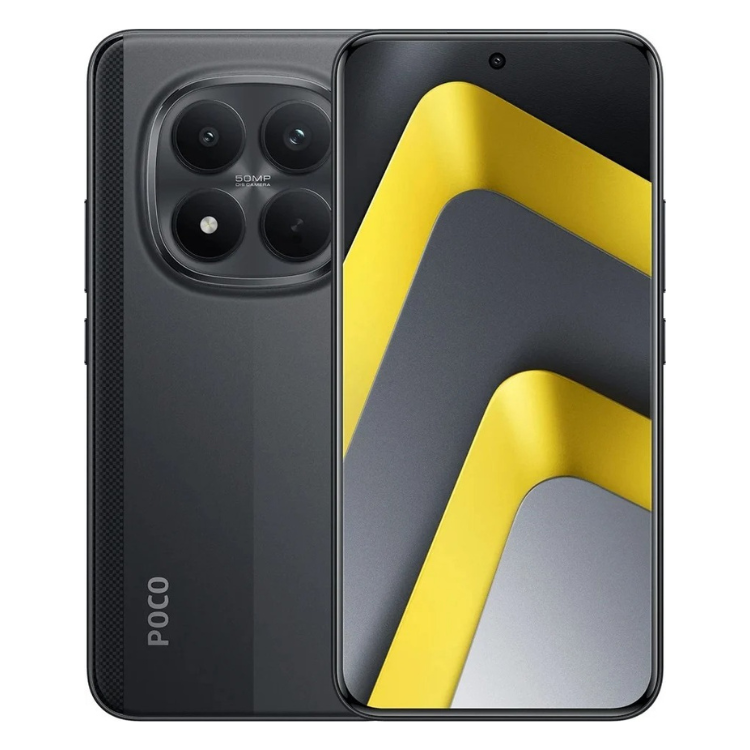 Smartphone POCO M8 Pro 5G preto, 8GB/256GB, câmara tripla de 50MP, ecrã ligado.