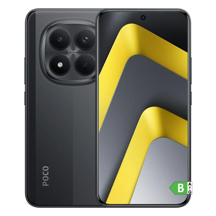 Smartphone POCO M8 Pro 5G preto,  câmera tripla 50MP e ecrã com imagem amarela e cinza.