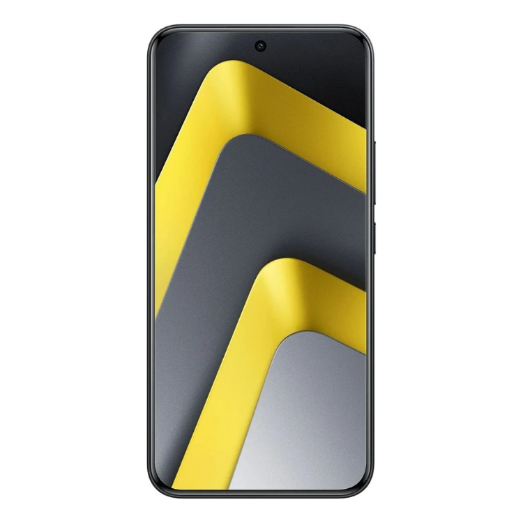 Smartphone Poco M8 Pro 5G preto com ecrã ligado, mostrando um padrão decorativo amarelo, cinzento e preto.
