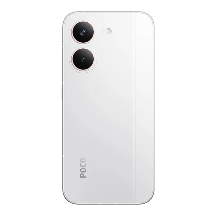 Poco X8 Pro 5G branco, smartphone com duas câmaras traseiras e marca POCO na parte inferior.