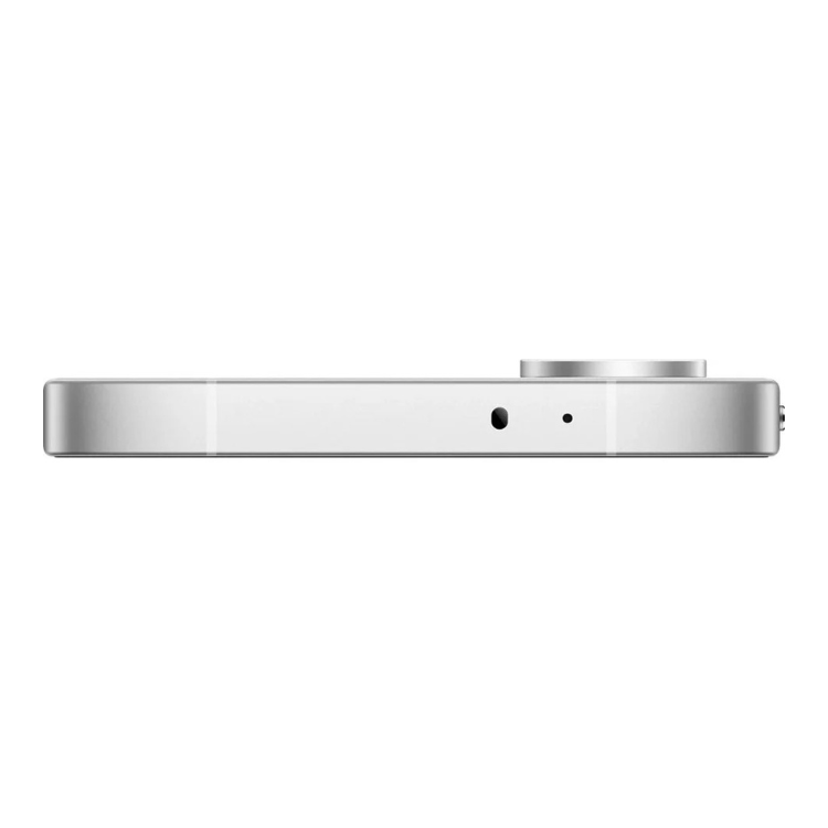 Poco X8 Pro 5G branco, vista lateral, destacando detalhes de câmera e furos de microfone.