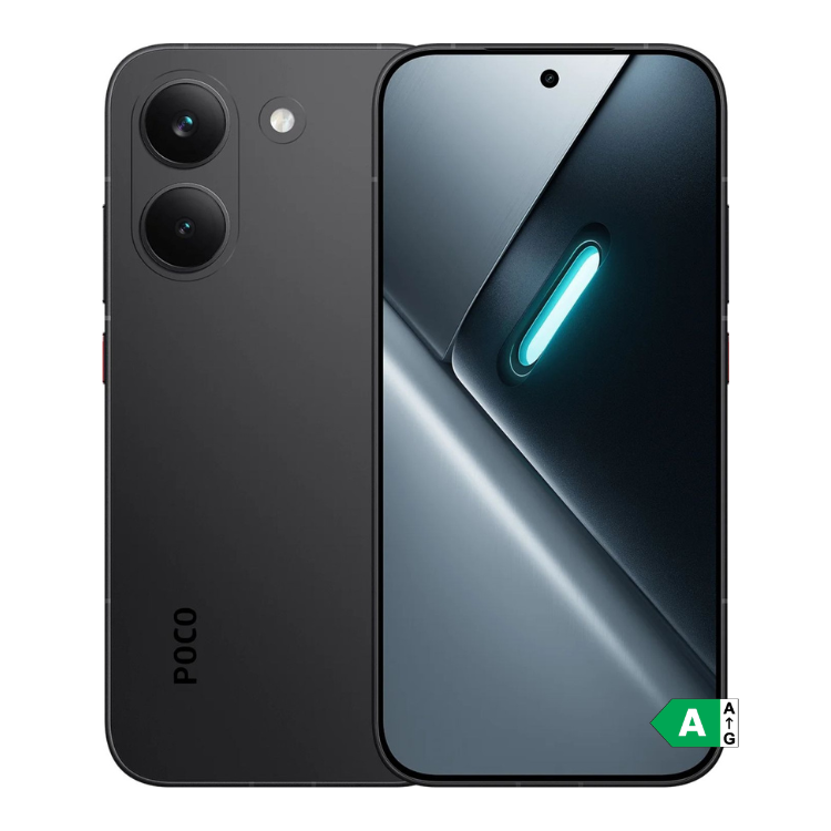 Smartphone POCO X8 Pro 5G preto, 2 câmeras traseiras e uma frontal, com luz azul acesa.