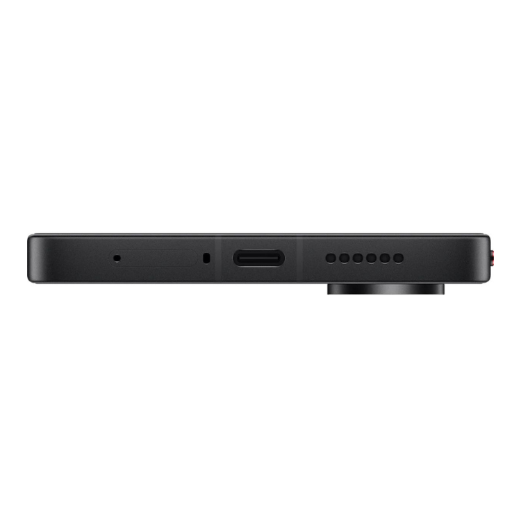 Smartphone Xiaomi Poco X8 Pro 5G preto, vista lateral com várias entradas e furos para altifalantes.
