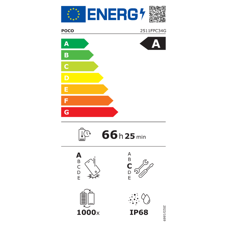 Etiqueta energética do smartphone POCO, eficiência energética classe A, bateria 66 horas e 25 minutos.