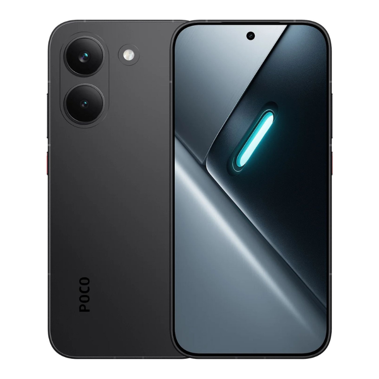 Smartphone POCO X8 Pro 5G preto, 8GB/256GB, câmaras duplas e ecrã com luz azul.