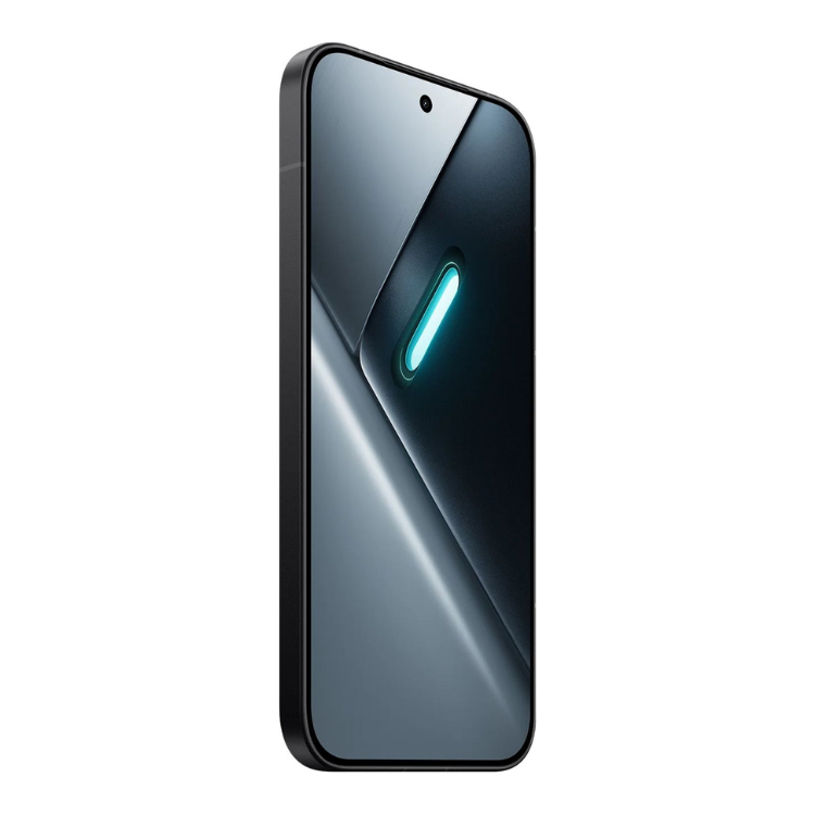 Smartphone Xiaomi Poco X8 Pro 5G preto com luz azul no ecrã.