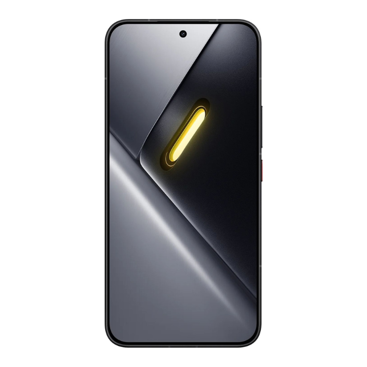 Smartphone Poco X8 Pro Max 5G preto, com ecrã ligado e luz de notificação amarela acesa.