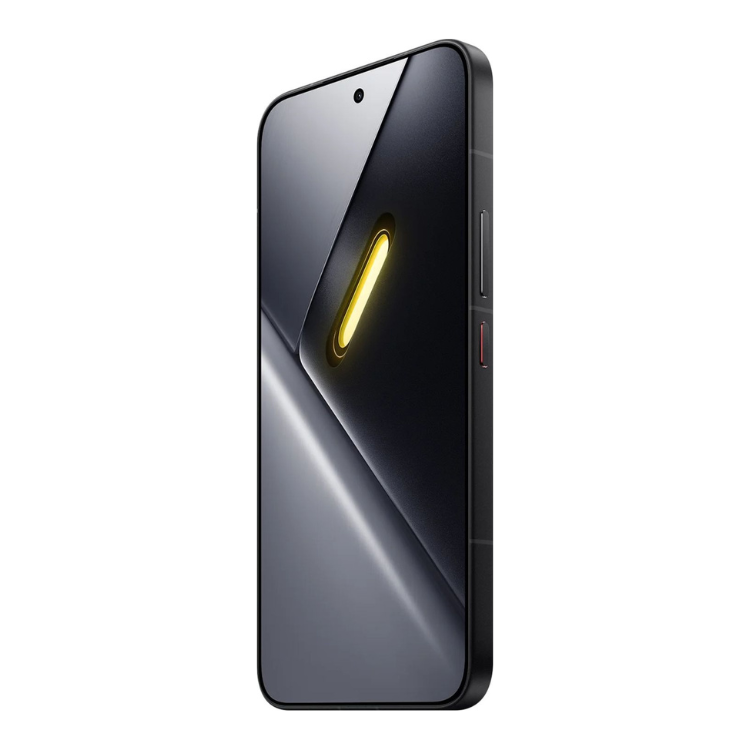 Smartphone Poco X8 Pro Max 5G preto, com luz amarela no centro da parte de trás.
