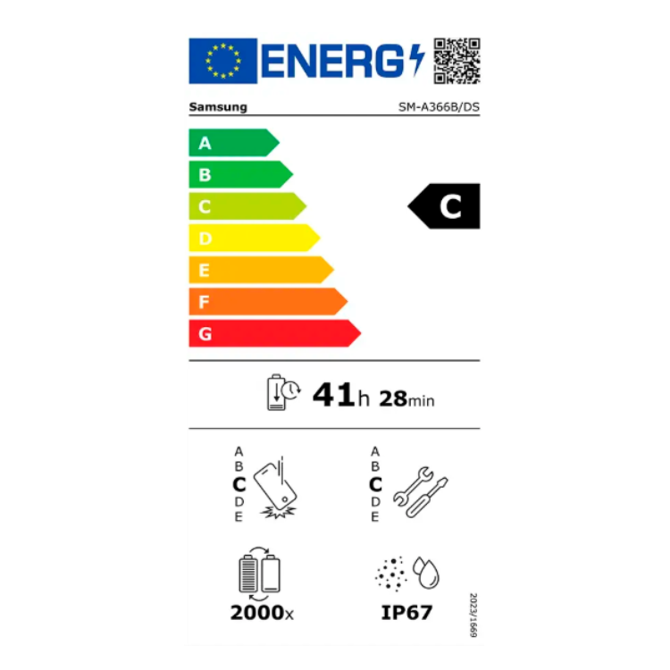 Etiqueta energética do Samsung com classificação C, bateria de 41 horas e 28 minutos, resistência IP67 e zoom 2000x.