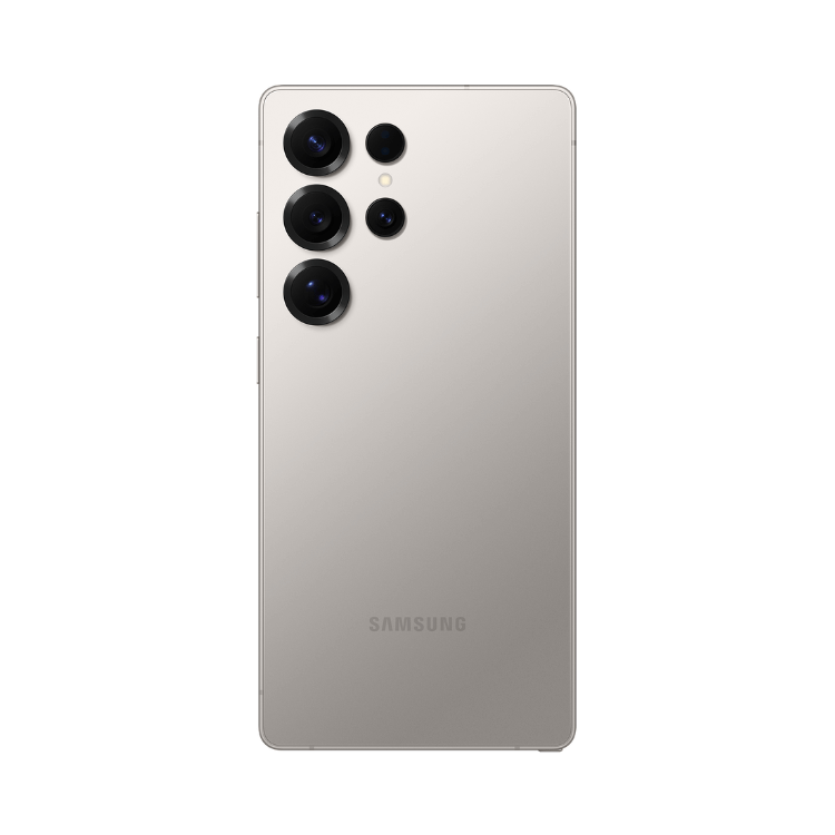 Samsung Galaxy S25 Ultra cinzento titânio com quatro câmeras traseiras.