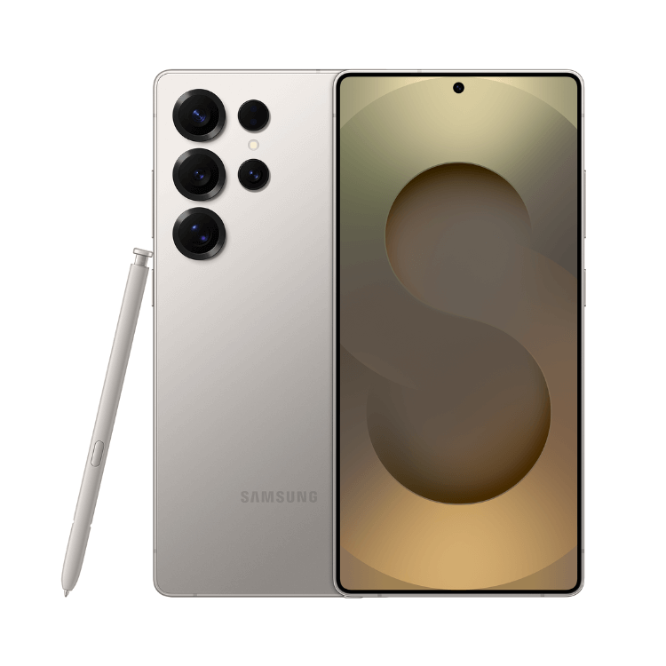 Samsung Galaxy S25 Ultra cinzento titânio com caneta stylus e ecrã ligado.