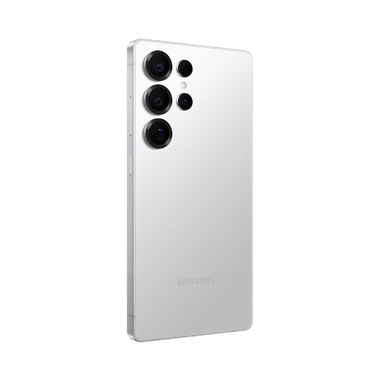 Samsung Galaxy S25 Ultra branco titânio com quatro câmeras traseiras.