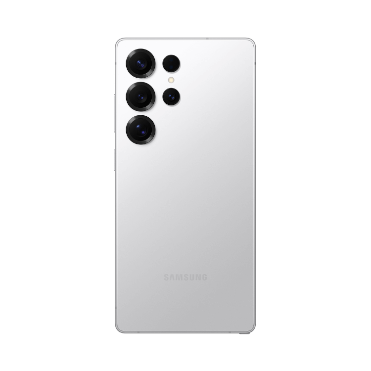 Samsung Galaxy S25 Ultra branco titânio, 5G, lado de trás com múltiplas câmaras.