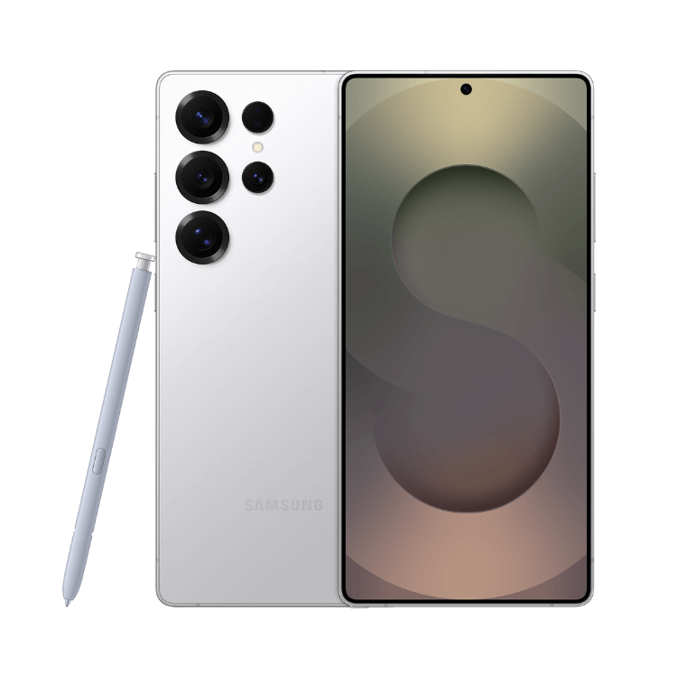 Samsung Galaxy S25 Ultra, prata, câmaras quádruplas, caneta stylus, ecrã ligado.