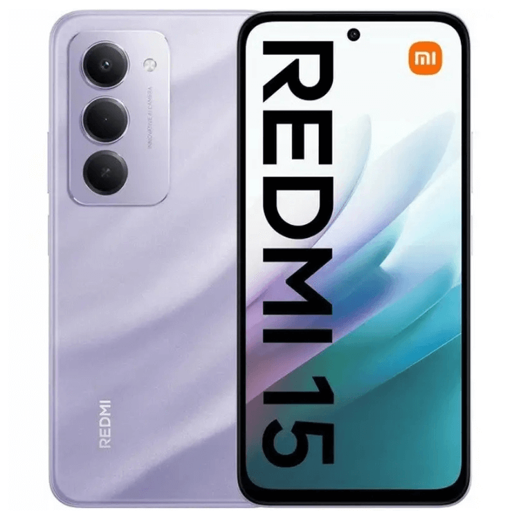 Smartphone Xiaomi Redmi 15, 6GB/128GB, Dual Sim, cor Roxo, com três câmeras traseiras e ecrã colorido.