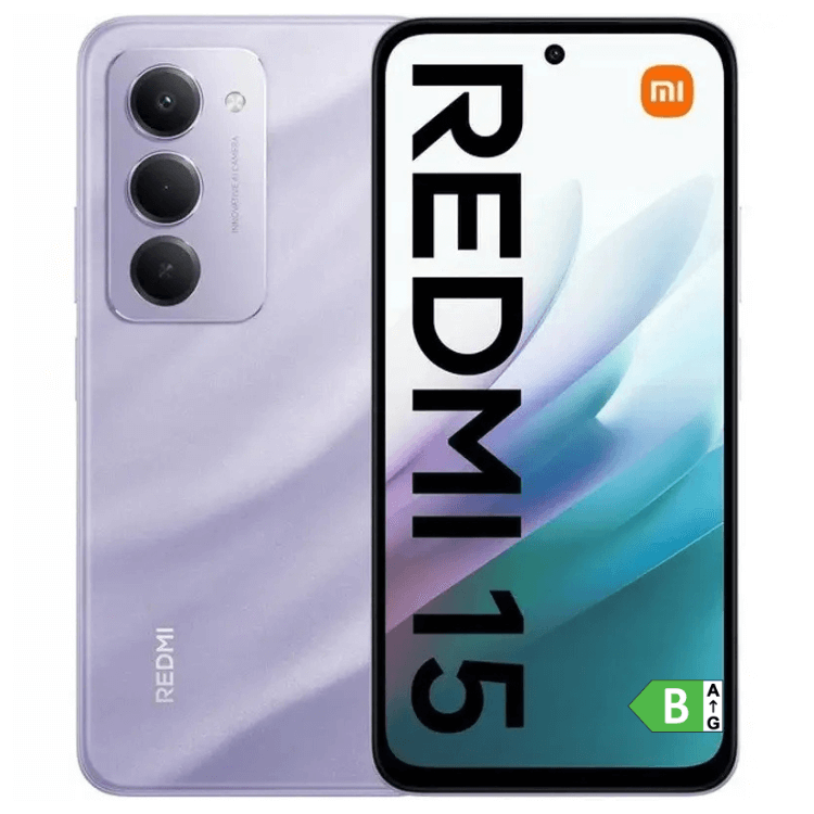 Smartphone Xiaomi Redmi 15, 6GB/128GB, Dual Sim, Roxo, com três câmeras traseiras e tela colorida.