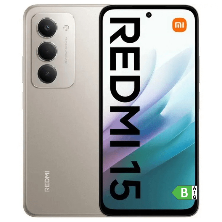 Smartphone Xiaomi Redmi 15 cinzento, 8GB/256GB, câmara tripla e ecrã 6.9”.