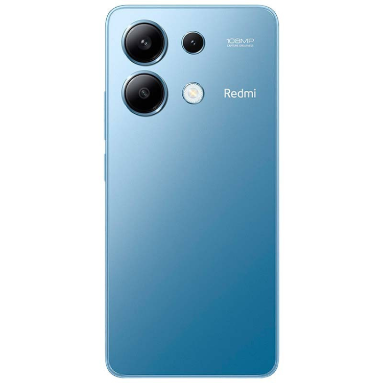 Smartphone Xiaomi Redmi Note 13 8GB/256GB Dual Sim, cor azul claro, com três câmeras e logotipo Redmi.