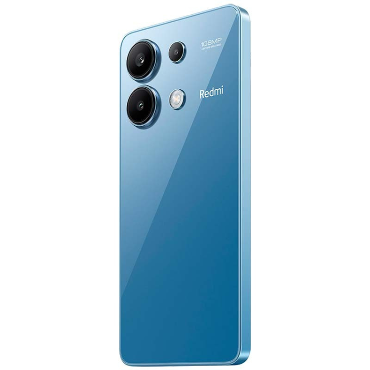 Smartphone Xiaomi Redmi Note 13 8GB/256GB Dual Sim, cor azul claro, câmaras triplas na parte traseira.