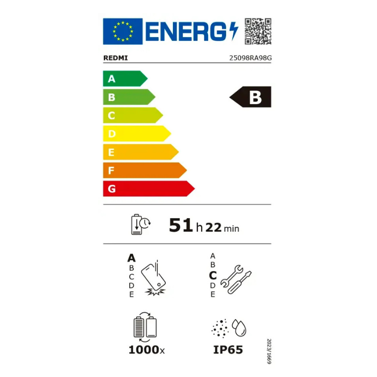 Etiqueta energética do Xiaomi Redmi, classificação B, bateria 51h 22min, resistência IP65.