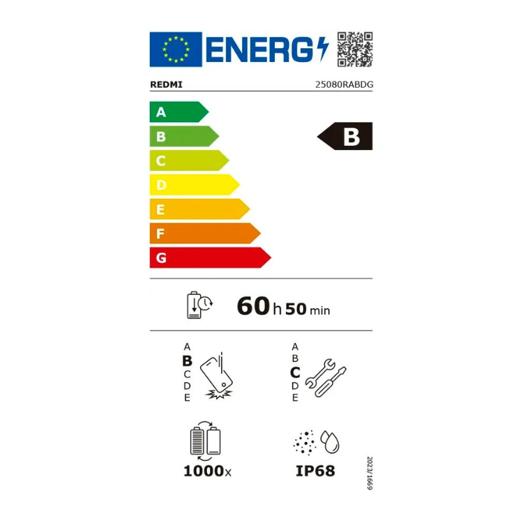 Etiqueta energética do smartphone Xiaomi Redmi, classificação B, bateria 60 horas e 50 minutos, resistência IP68.