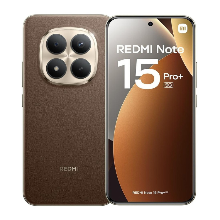 Smartphone Xiaomi Redmi Note 15 Pro+ 5G castanho, 12GB/512GB, câmaras quádruplas e ecrã com logotipo Redmi e 5G.