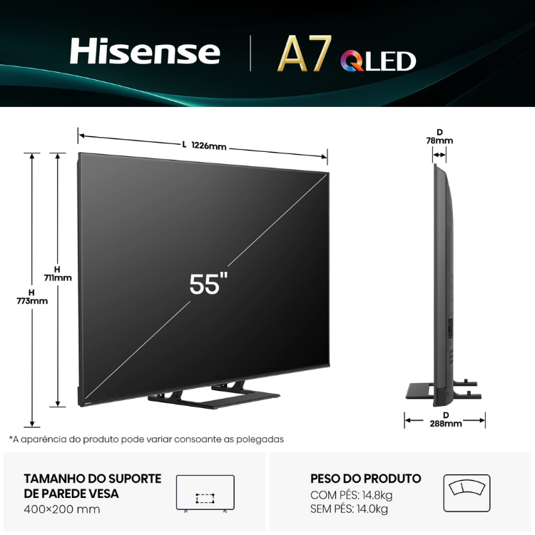 Televisão Hisense A7Q (2025) Smart TV 4K QLED 55"