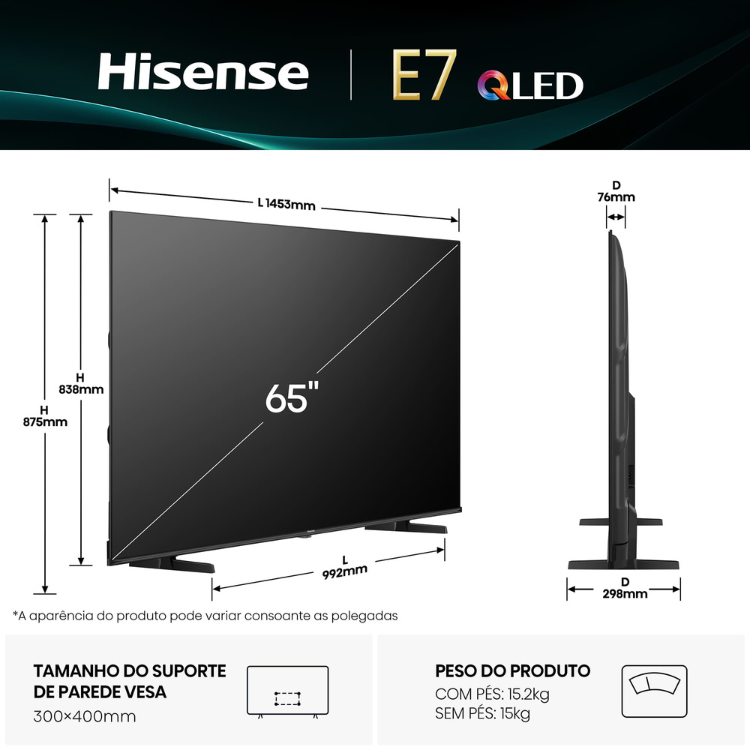Televisão Hisense E7Q (2025) Smart TV 4K QLED 65"
