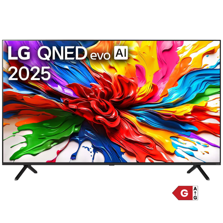 TV LG QNED 2025 43" 4K, ecrã com explosão de cores, modelo QNED70, com logótipo e classificação energética.