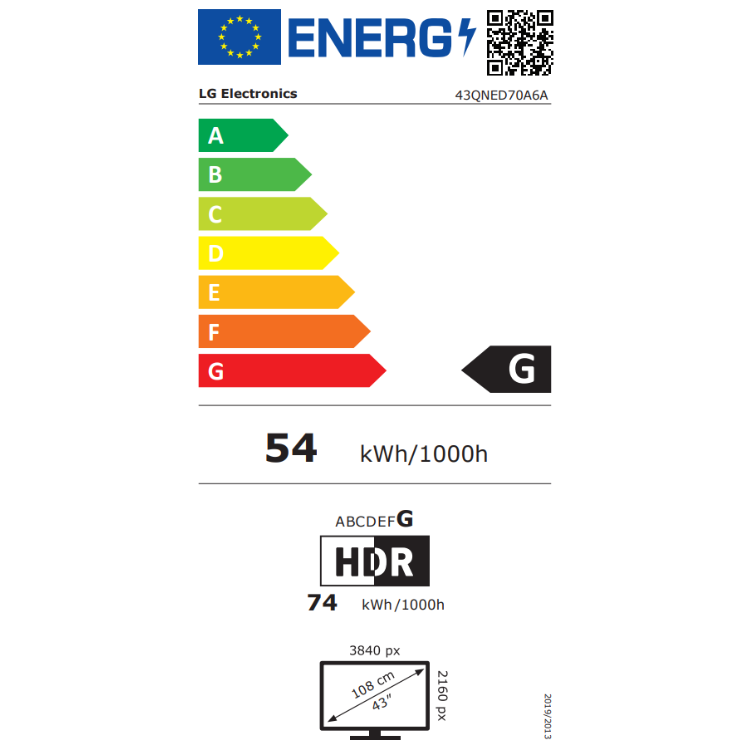 Etiqueta energética da televisão LG 43QNED70A6A, eficiência G, 54 kWh/1000h.