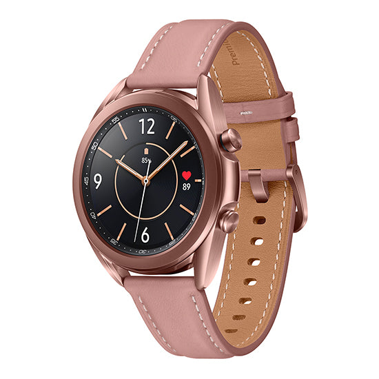 Relógio inteligente Samsung Galaxy Watch3, 41mm, bronze, pulseira de couro rosa.