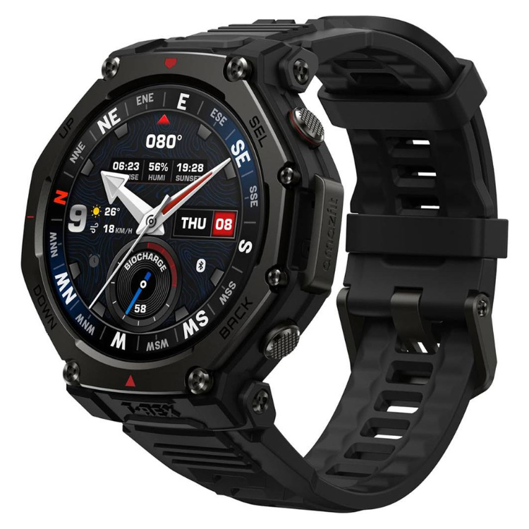 Smartwatch Amazfit T-Rex 3 Pro preto com pulseira preta e mostrador preto com detalhes em branco e vermelho.
